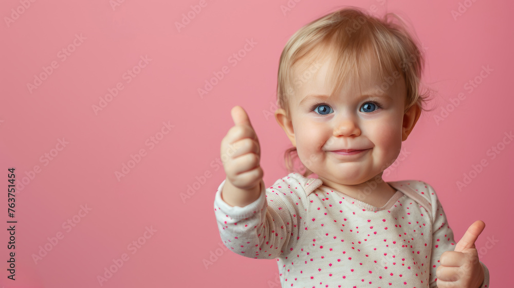a toddler happy, big smiling broadly, giving a thumbs up on a studio background, half-shot free copy space a toddler happy, big smiling broadly, giving a thumbs up on a studio background, half-shot free copy space