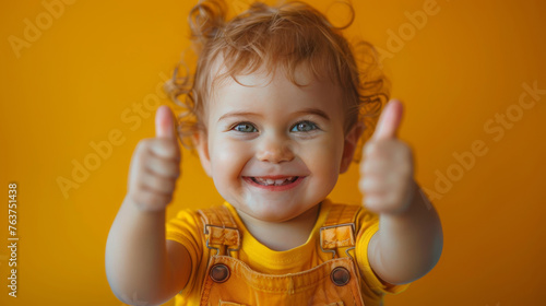 a toddler happy, big smiling broadly, giving a thumbs up on a studio background, half-shot free copy space © ND STOCK