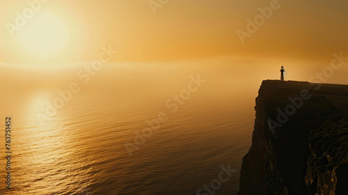 Solitary Beacon at Dusk. A lighthouse stands alone on a stark cliff as the sunset bathes the scene in a golden glow, creating a striking silhouette against the tranquil sea.