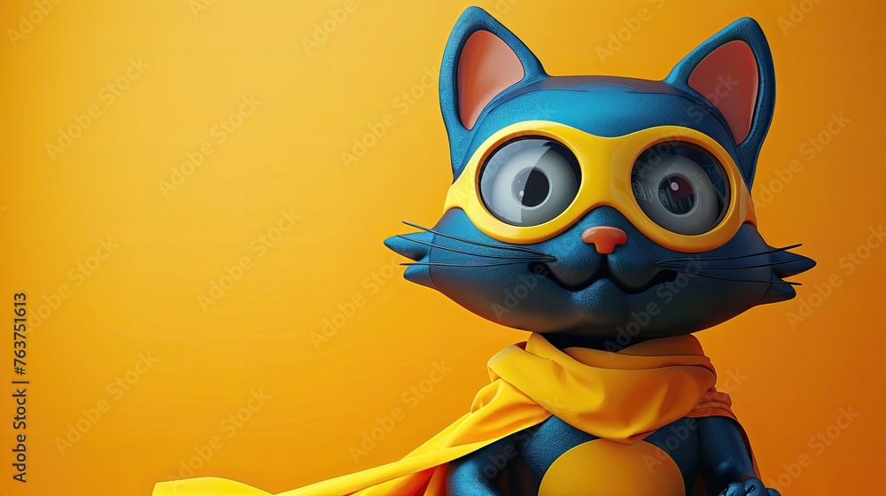 Fototapeta premium Blue animated cat superhero with cape and goggles on orange background.