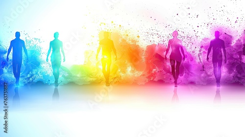 Silhouettes of people with vibrant watercolor splash background.
