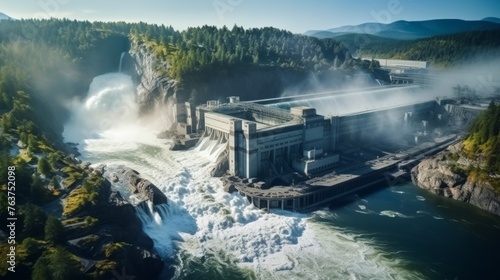 Hydroelectric power station at a lush forest