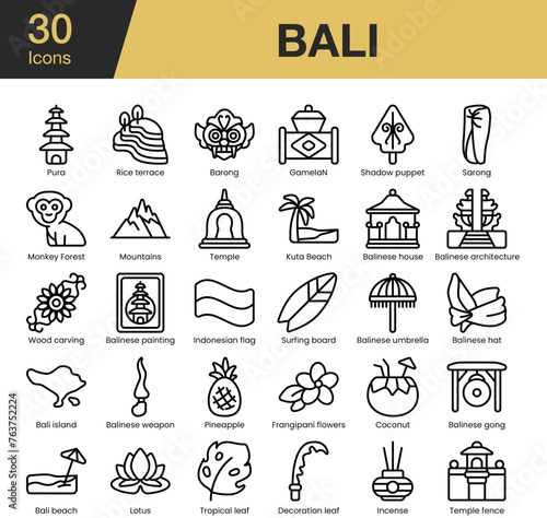 Set of 30 Bali icon sets. Includes pura, temple, leaf, gamelan, coconut, beach, barong, and More. Outline icons vector collection. Editable Stroke 64px icons.