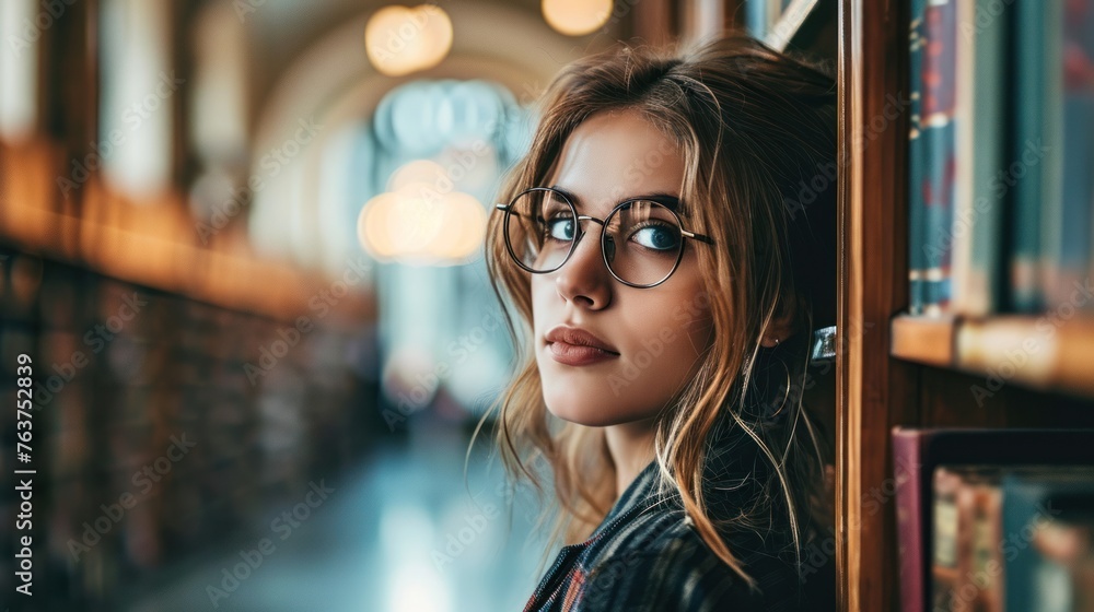 A woman with glasses stands in a library, leaning against a bookshelf. She looks pensively into the distance. A woman with glasses stands in a library, leaning against a bookshelf. She looks pensively into the distance.