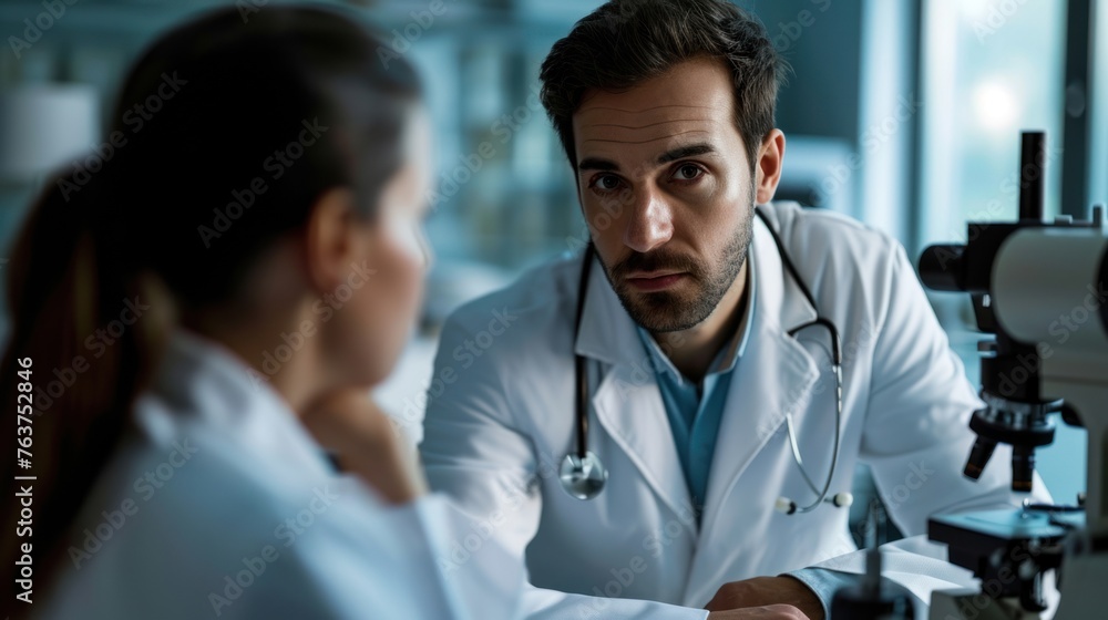 Two doctors talking in a laboratory setting. The doctor is a man in a white lab coat. They sit opposite each other at the table. On the right side of the image is a microscope. Two doctors talking in a laboratory setting. The doctor is a man in a white lab coat. They sit opposite each other at the table. On the right side of the image is a microscope.