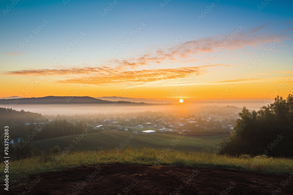 sunrise with a foggy sky and a field with a field and trees over a small town