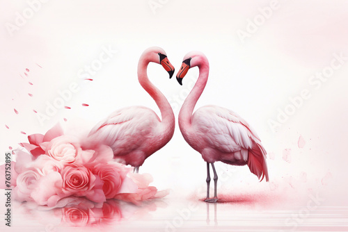 two flamingos are standing in front of roses and roses © Ирина Курмаева