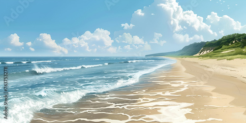 A beach with a blue sky and clouds 