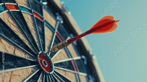 The dart's arrow hit the center of the target on the dartboard with a blue sky background, in the style of business success and achievement concept.