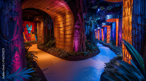 Vibrant Illuminated Walkway with Tribal Art and Tropical Plants © lin