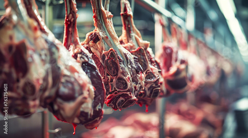 Hanging Meat in Meat Processing Plant photo