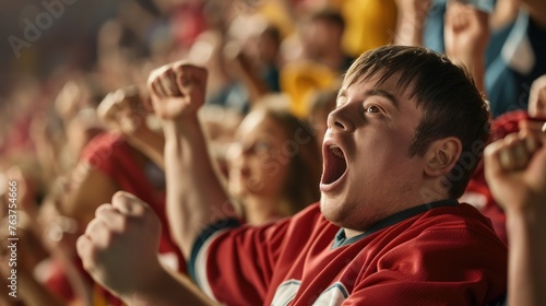 A man with Down syndrome in a red jersey is cheering at a sporting event, with a crowd of fans standing behind him.