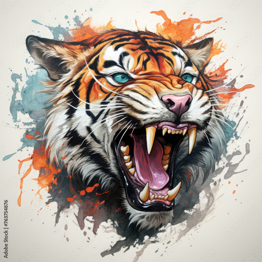 Fototapeta premium Watercolor Roaring Tiger Illustration, Generative Ai