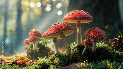 A group of red mushrooms with white spots growing on a mossy patch of forest. The forest is dimly lit, with lights visible in the background. The foreground is strewn with autumn leaves.
