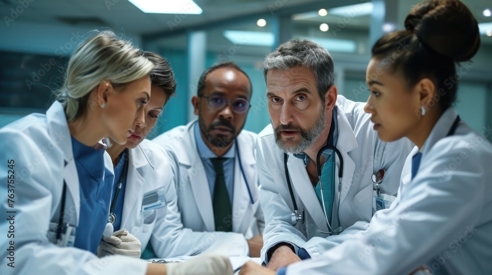 A group of doctors in lab coats huddled together, looking at a patient's chart. A group of doctors in lab coats huddled together, looking at a patient's chart.