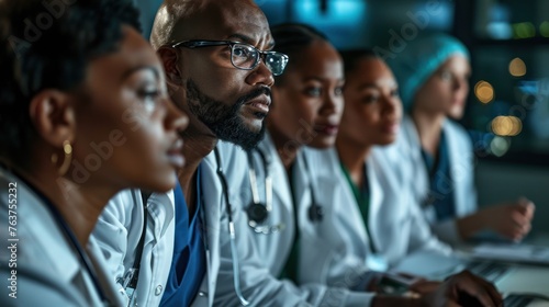 A diverse group of doctors in lab coats sit in a row, looking forward. They are wearing name tags. The background is dark.