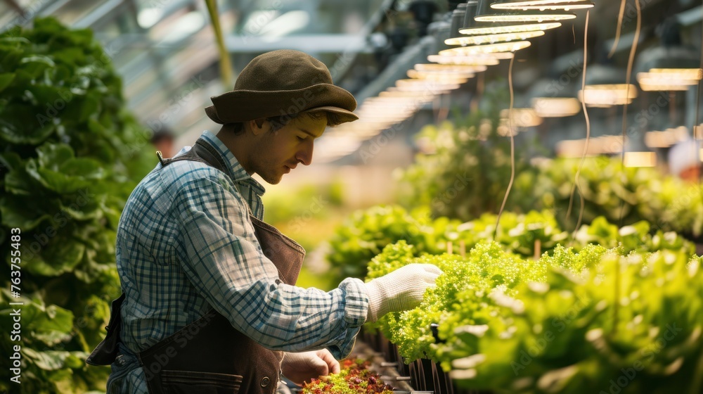 A man in a brown hat and plaid shirt tends to lettuce in a greenhouse.