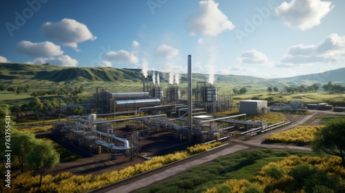 Refinery plant in a vibrant rural landscape