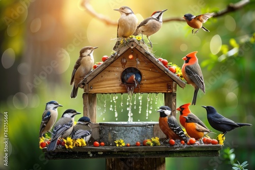 Forest Choir: A Diverse Assembly of Birds Convenes at a Charming Birdhouse, Creating a Melodious Symphony Amidst the Lush Greenery of Their Woodland Home, Generative AI © Ben