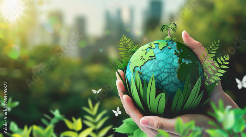 Hands Holding Globe Glass In Green Forest - Environment Concept 