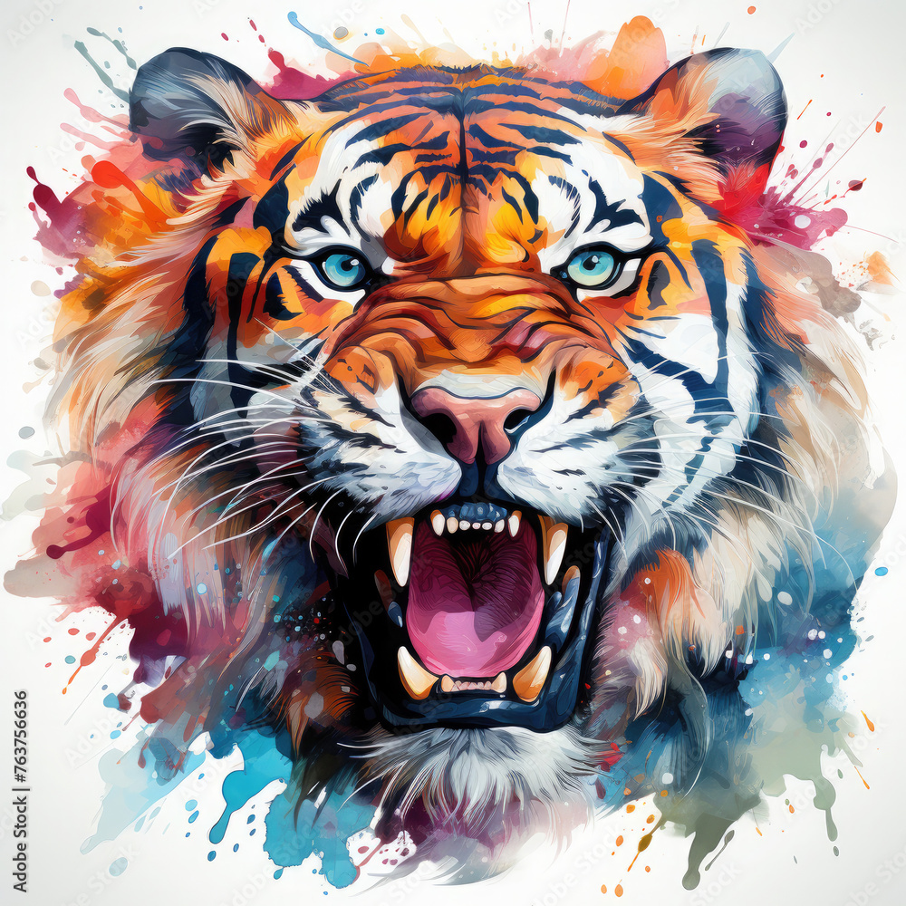 Naklejka premium Watercolor Roaring Tiger Illustration, Generative Ai