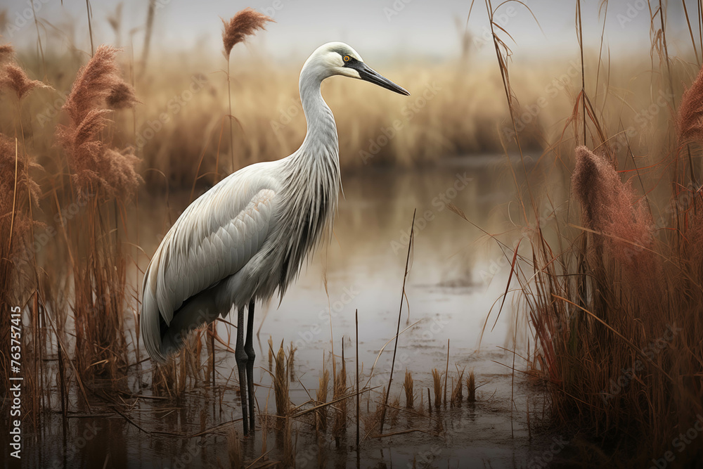 Natural cranes that are looking for food in a small pond. - obrazy, fototapety, plakaty 
