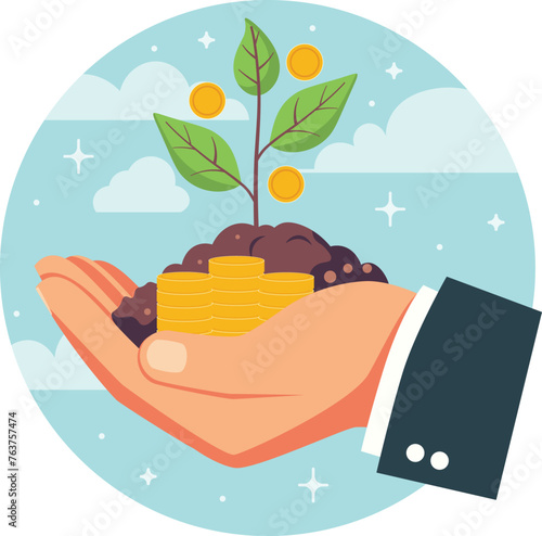 Businessman hand with sprout and soil. Human hand, businessman hand holds small green sprout in soil illustration.