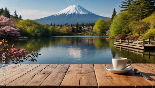 traditional dining table with views of the lake and Mount Fuji. AI generated