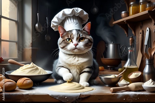 chef cat kneads dough in the kitchen.