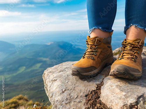 View from mountains ,Feet's with hiking shoes of a couple standing on top of a high hill or rock, closeup of boots and feet's only with sceneries in background, boots