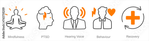 A set of 5 Mental Health icons as mindfulness, ptsd, hearing voice