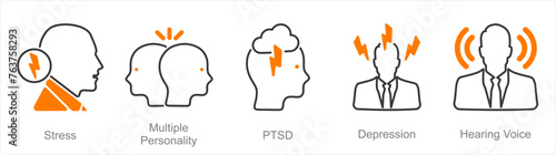 A set of 5 Mental Health icons as stress, multiple personality, ptsd