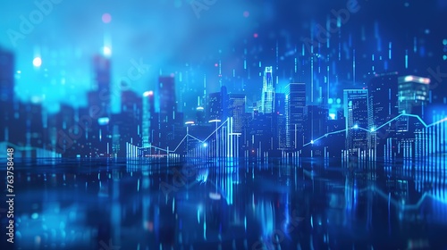 Infographic Metropolis: The Illuminated Urban Future and Digital Dreams in a Smart City Connected by Gradient Grid Lines photo