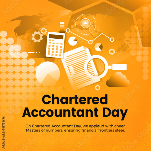 Calculator and financial documents on an orange background, highlighting Chartered Accountant Day