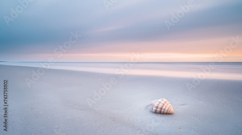 "Dusk's Gentle Caress" - A solitary seashell adorns the tranquil beach, under a sky of blending twilight hues, marking the day's peaceful end.