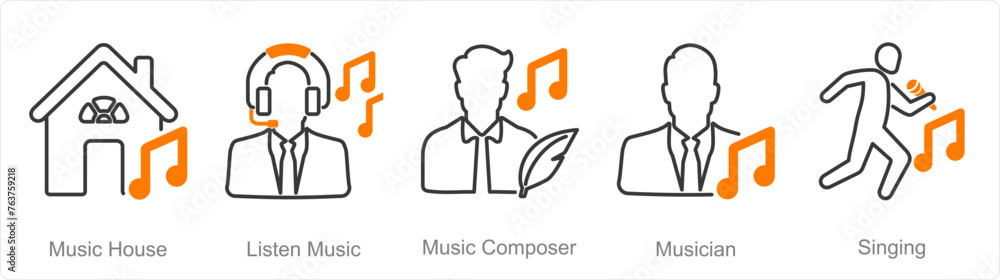 A set of 5 Music icons as music house, listen music, music composer - obrazy, fototapety, plakaty 