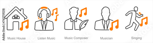 A set of 5 Music icons as music house, listen music, music composer