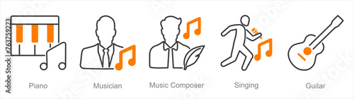 A set of 5 Music icons as piano, musician, music composer
