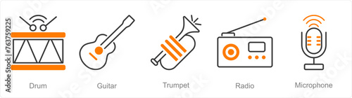 A set of 5 Music icons as drum, guitar, trumpet
