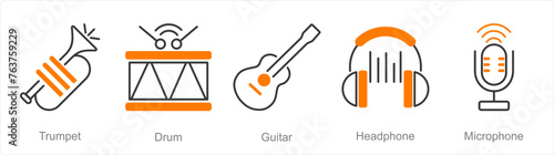 A set of 5 Music icons as trumpet, drum, guitar