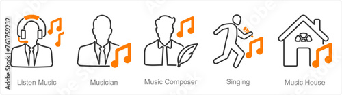 A set of 5 Music icons as listen music, musician, music composer