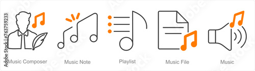 A set of 5 Music icons as music composer, music note, playlist