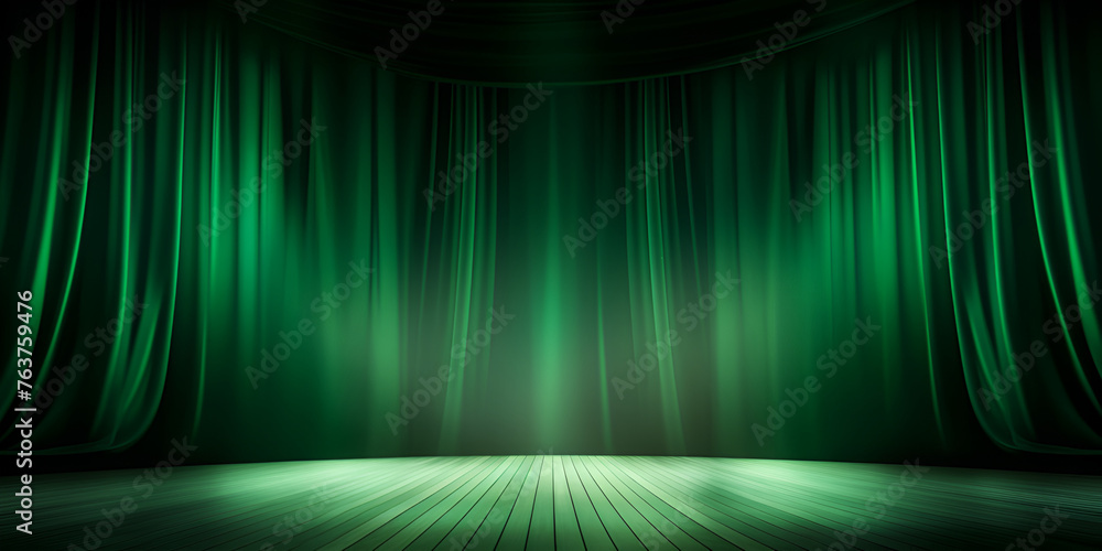 Empty green curtain stage wooden floor with spotlight stage creativity
 - obrazy, fototapety, plakaty 