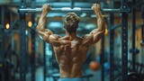 Muscular man exercise pull up on bar in fitness gym