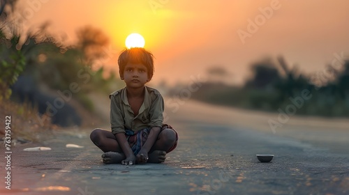 The image of a poor child by the roadside in the sunset rays conveys a portrait of social inequalities and poverty. photo