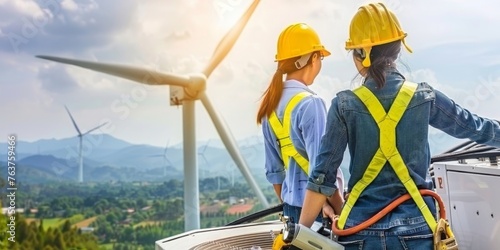 Technicians in Safety Gear Collaborate on the Maintenance of a Wind Turbine, Harnessing Renewable Energy Under the Bright Sky, Generative AI