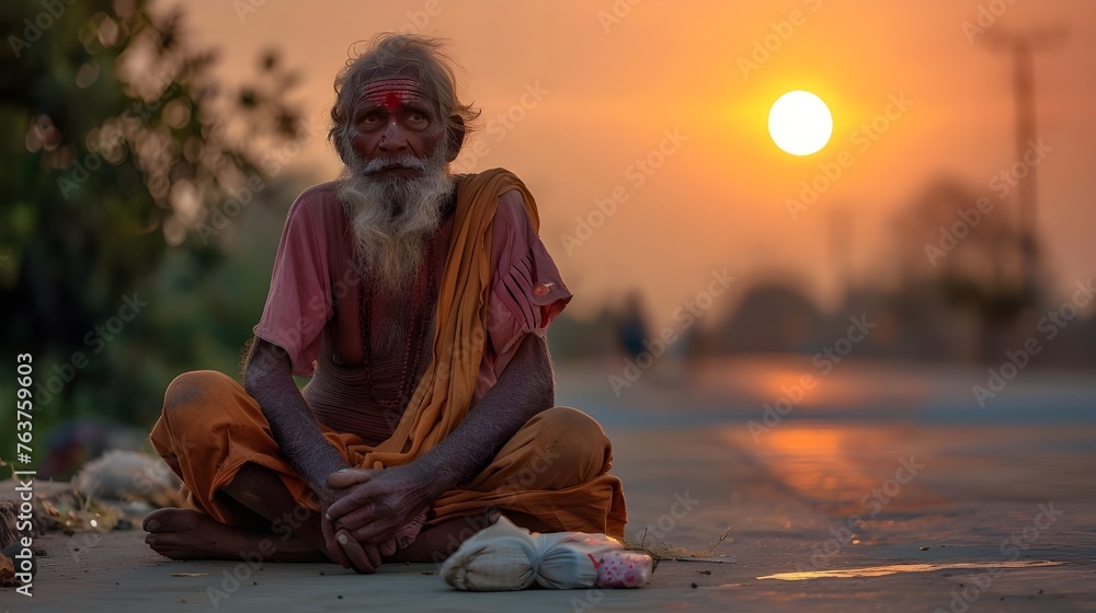 The portrait of an old man asking for alms, under the setting sun by the road, conveys the image of loss and loss in life. - obrazy, fototapety, plakaty 