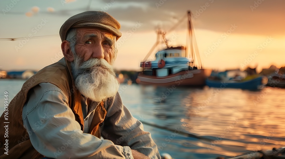 The portrait of an old fisherman on the shore at sunset conveys the melancholic state of his tired gaze and memories of a difficult past job.