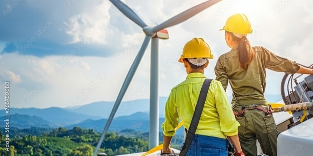 Technicians in Safety Gear Collaborate on the Maintenance of a Wind Turbine, Harnessing Renewable Energy Under the Bright Sky, Generative AI Technicians in Safety Gear Collaborate on the Maintenance of a Wind Turbine, Harnessing Renewable Energy Under the Bright Sky, Generative AI