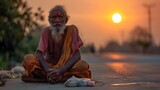 The portrait of an old man asking for alms, under the setting sun by the road, conveys the image of loss and loss in life.